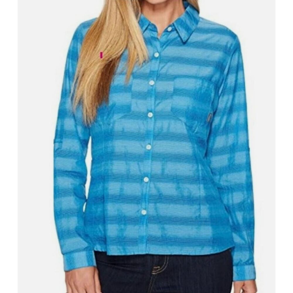 Columbia Summer Trek Blue Striped Quick Dry Long Roll Up Sleeve Shirt Gorpcore S